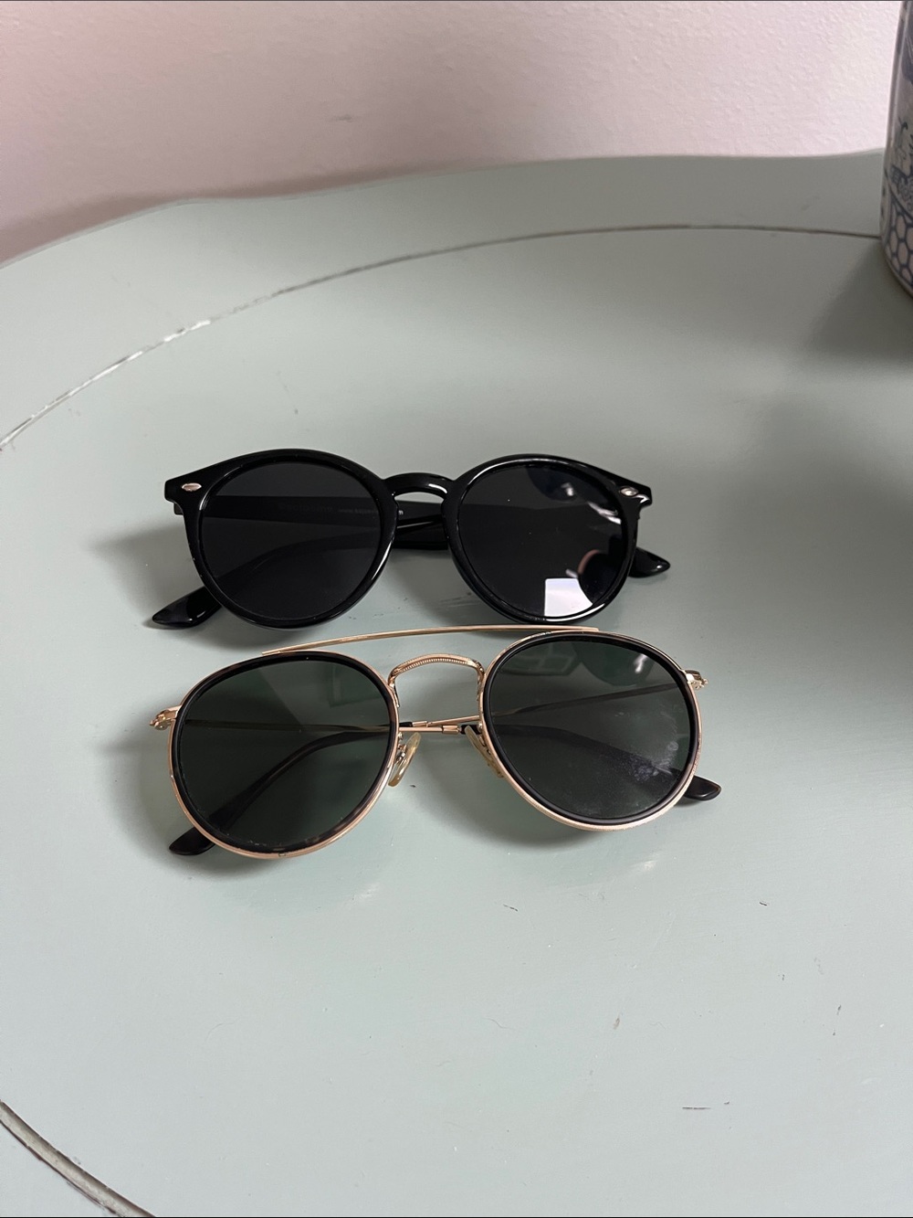 Two Stylish Sunglasses - Black Round & Gold Aviator